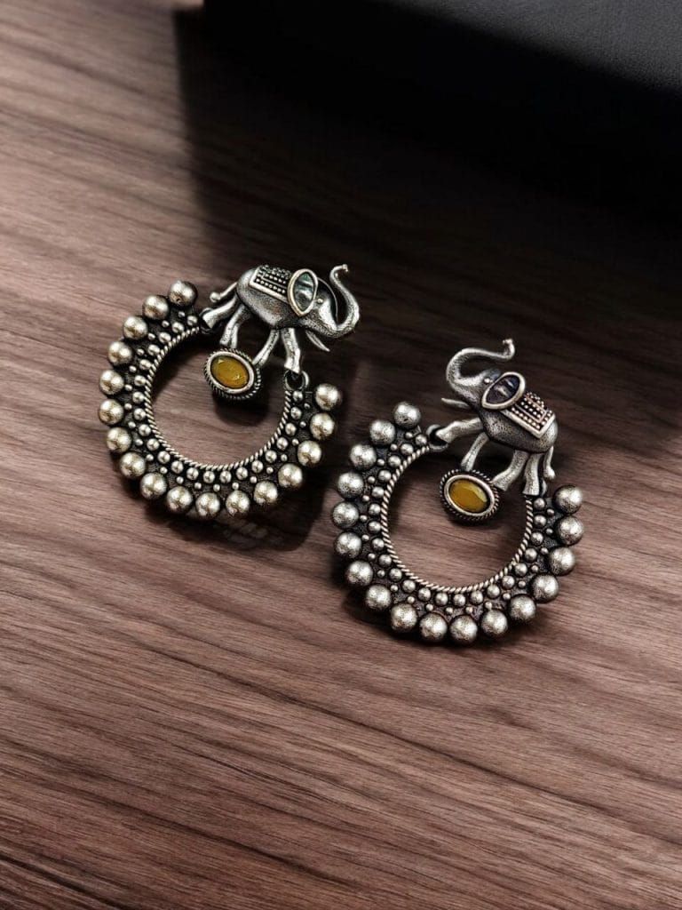 Bulk 834 Silver Replica Elephant Earrings | Best Partywear Dangler Stud - "Yellow"