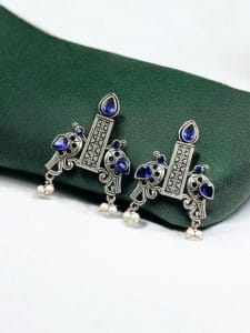 Graceful Bird Stud Earrings with Silver Replica and Stone Craft - Color: "Blue"