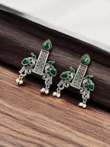 Graceful Bird Stud Earrings with Silver Replica and Stone Craft - Color: " Green "