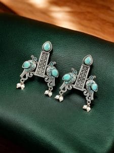 Graceful Bird Stud Earrings with Silver Replica and Stone Craft - Color: " Mint "