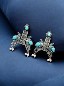 Graceful Bird Stud Earrings with Silver Replica and Stone Craft - Color: " Turquise "