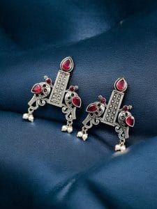 Graceful Bird Stud Earrings with Silver Replica and Stone Craft - Color: "Pink"