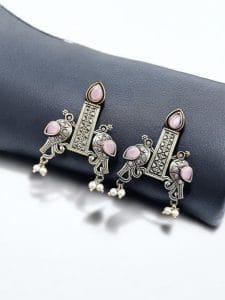 Graceful Bird Stud Earrings with Silver Replica and Stone Craft - Color: " Babypink"