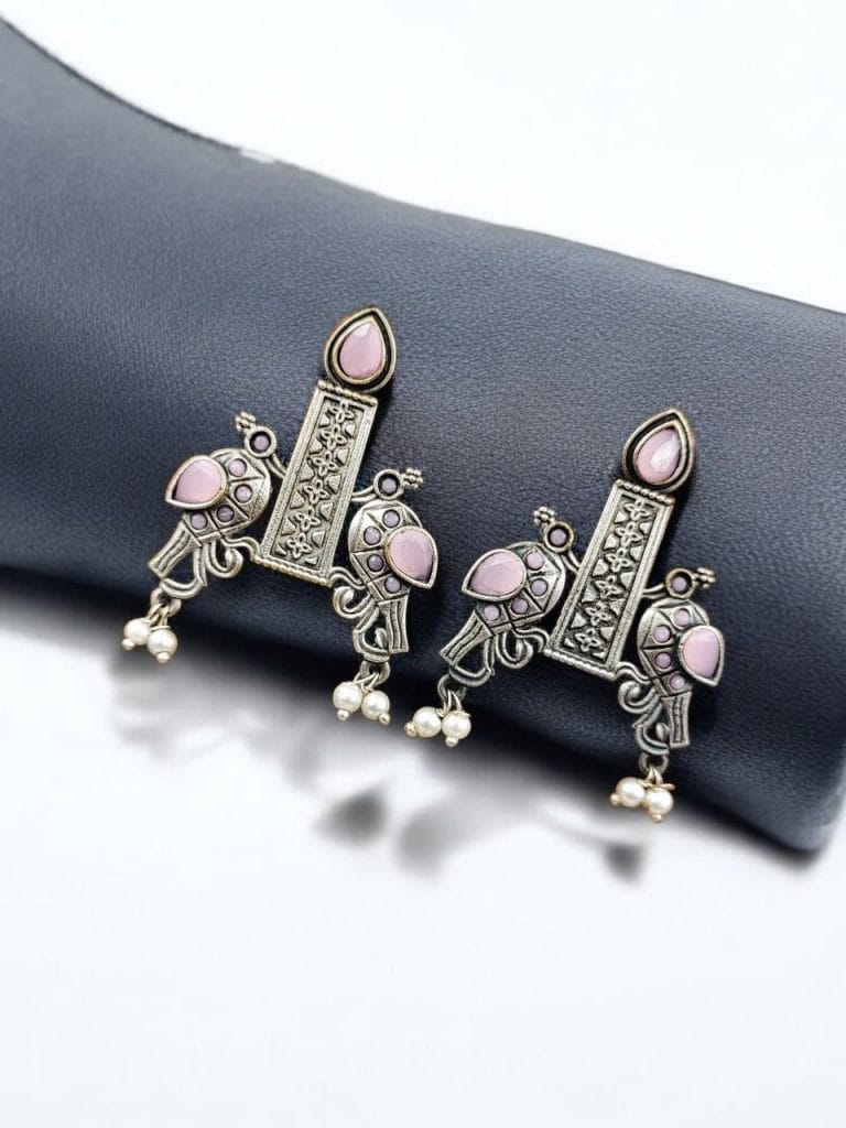 Bulk 824 Graceful Bird Stud Earrings with Silver Replica and Stone Craft - " Babypink"
