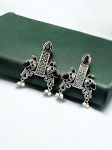 Graceful Bird Stud Earrings with Silver Replica and Stone Craft - Color: " Black"