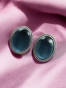 Stylish Monalisa Stone Stud Earrings in Antique Silver Perfect for Daily Use - Color: "Blue"