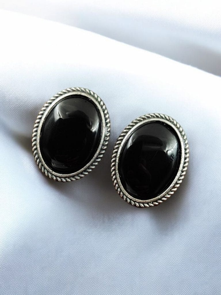 Bulk 806 Stylish Monalisa Stone Stud Earrings in Antique Silver Perfect for Daily Use - "Black"