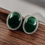 Stylish Monalisa Stone Stud Earrings in Antique Silver Perfect for Daily Use - "Green"