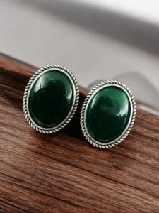 Stylish Monalisa Stone Stud Earrings in Antique Silver Perfect for Daily Use - Color: "Green"