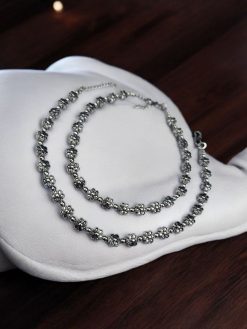 Premium Floral Silver Anklet with S-Lock, designed for everyday wear, featuring silver beads and a secure closure