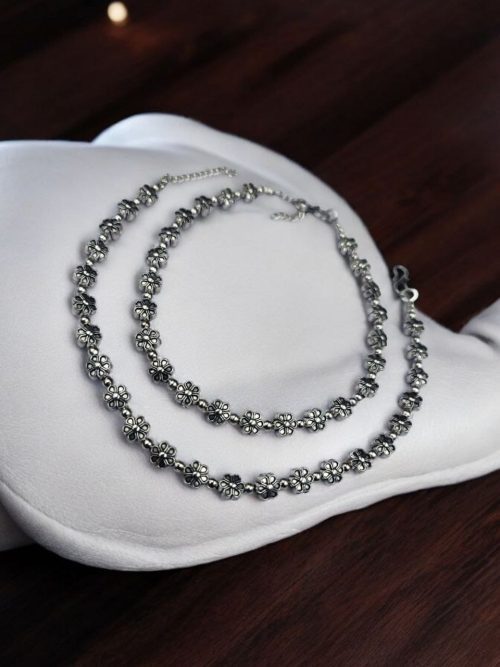 Premium Floral Silver Anklet with S-Lock, designed for everyday wear, featuring silver beads and a secure closure