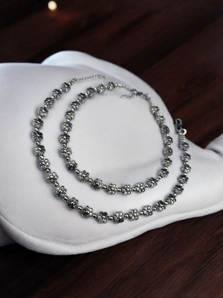 Premium Floral Silver Anklet with S-Lock, Perfect for Everyday Use