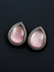 Best Drop-Shaped Monalisa Stone Stud Earrings in Silver Replica Design - color: "Babypink"