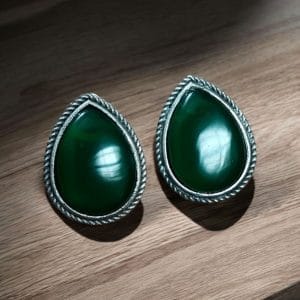 Best Drop-Shaped Monalisa Stone Stud Earrings in Silver Replica Design - color: "Green"