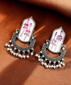 Hand-Painted Dangler Earrings with a stunning silver replica finish, showcasing intricate artistry and elegance