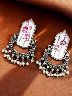 Hand-Painted Dangler Earrings with a stunning silver replica finish, showcasing intricate artistry and elegance