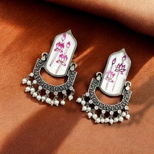 Hand-Painted Dangler Earrings with a stunning silver replica finish, showcasing intricate artistry and elegance