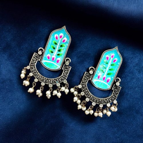 Hand-Painted Dangler Earrings with a stunning silver replica finish, showcasing intricate artistry and elegance