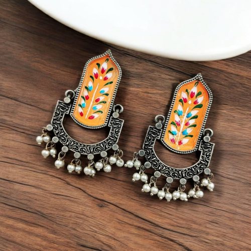 Hand-Painted Dangler Earrings with a stunning silver replica finish, showcasing intricate artistry and elegance