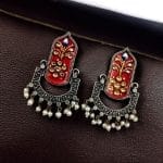 Hand-Painted Dangler Earrings – Stunning Silver Replica Style - "Red"