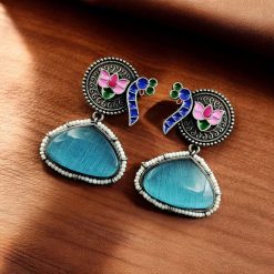 Handpainted Peacock Earrings with Monalisa Stone Stud and Lotus Touch design.