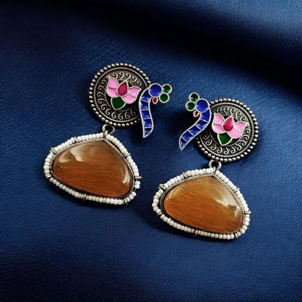 Bulk 748 Handpainted Peacock Earrings | Best Monalisa Stone Stud with Lotus Touch - " Yellow"