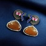 Handpainted Peacock Earrings | Best Monalisa Stone Stud with Lotus Touch - " Yellow"