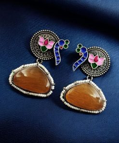 Handpainted Peacock Earrings with Monalisa Stone Stud and Lotus Touch design.
