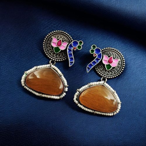 Handpainted Peacock Earrings with Monalisa Stone Stud and Lotus Touch design.