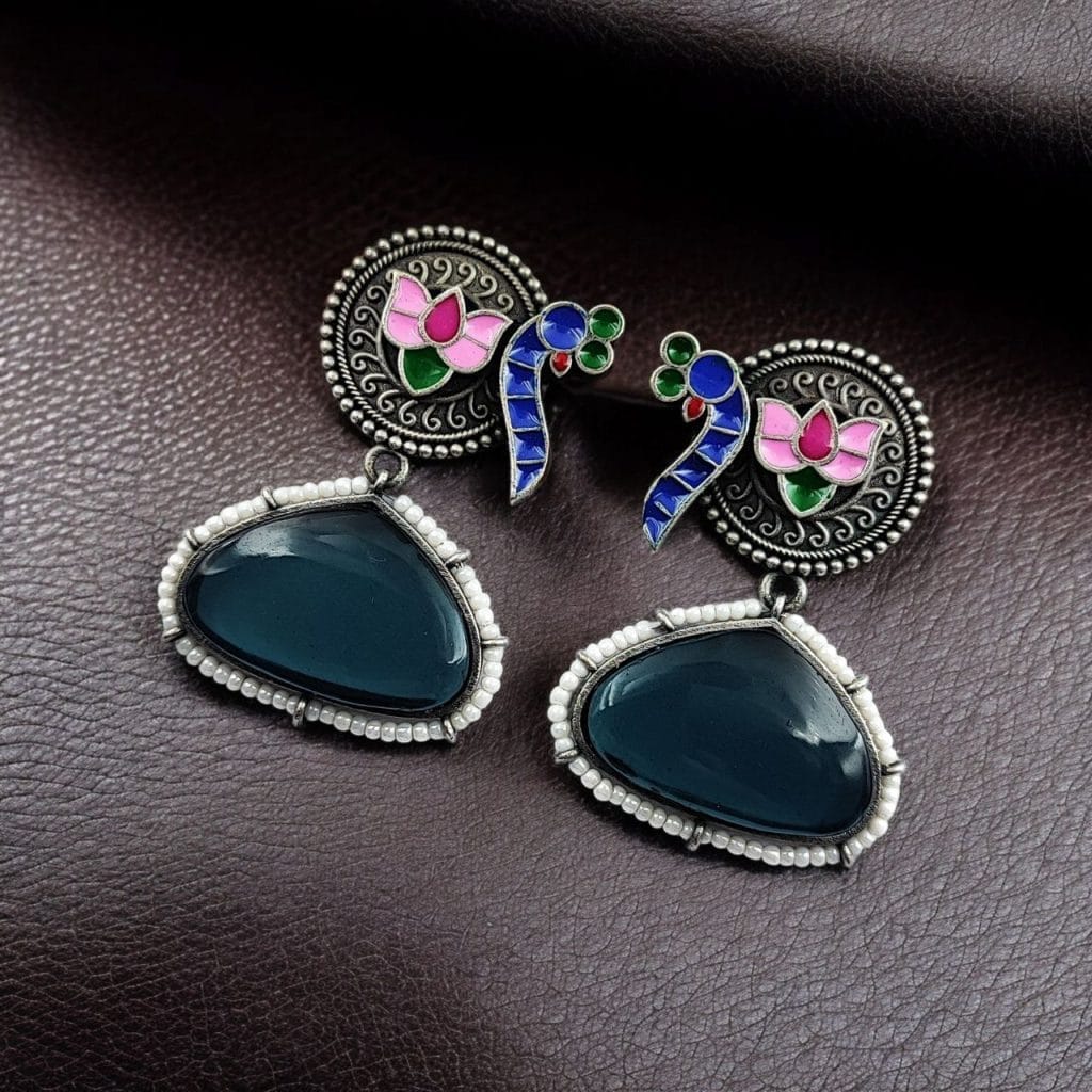 Bulk 746 Handpainted Peacock Earrings | Best Monalisa Stone Stud with Lotus Touch - "Blue"