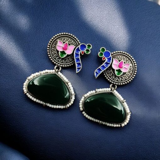 Handpainted Peacock Earrings with Monalisa Stone Stud and Lotus Touch design.