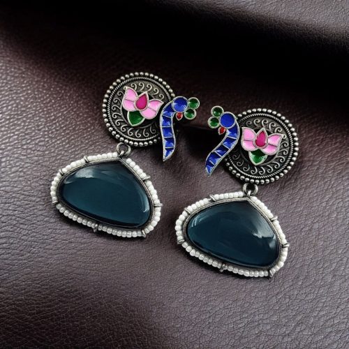 Handpainted Peacock Earrings with Monalisa Stone Stud and Lotus Touch design.