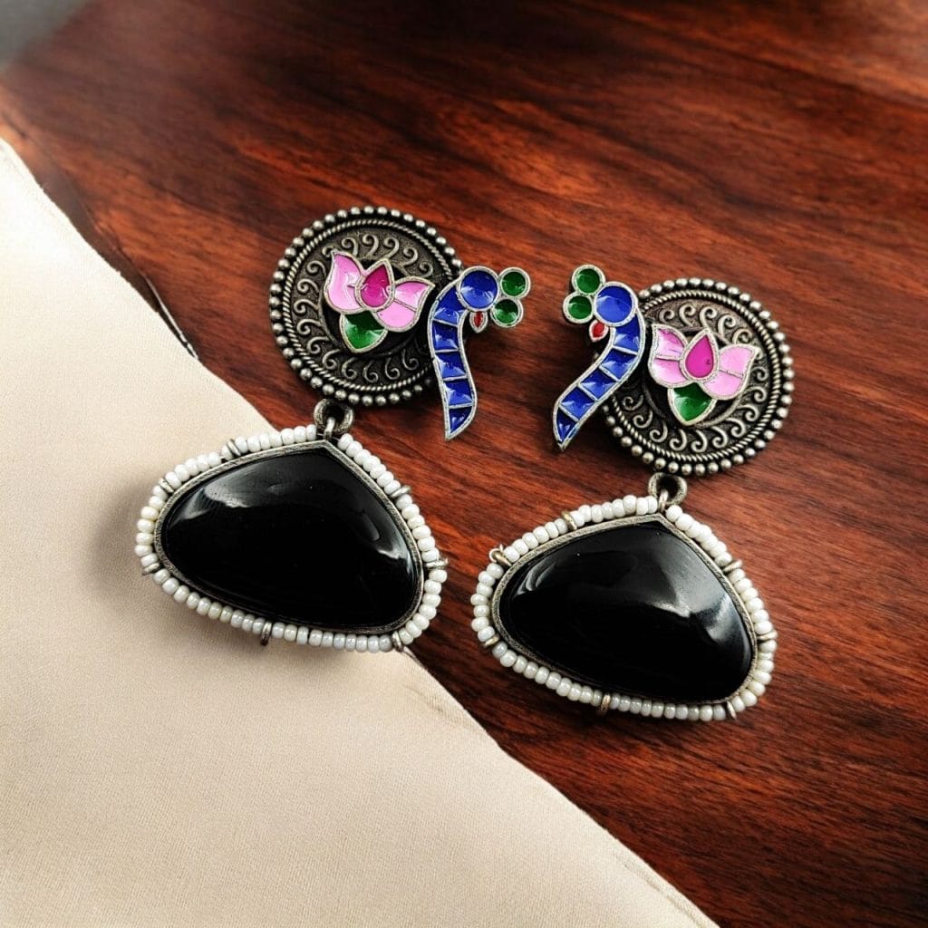 Bulk 742 Handpainted Peacock Earrings | Best Monalisa Stone Stud with Lotus Touch - "Black"