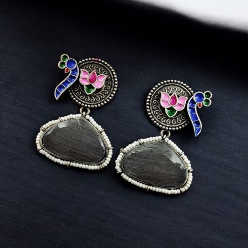 Handpainted Peacock Earrings with Monalisa Stone Stud and Lotus Touch design.