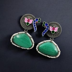 Handpainted Peacock Earrings with Monalisa Stone Stud and Lotus Touch design.