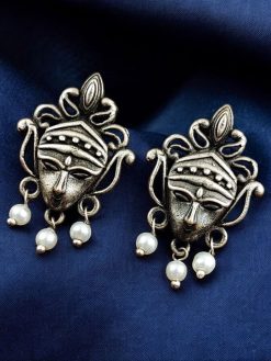Silver replica religious earrings featuring a Goddess Durga stud design, lightweight and unique