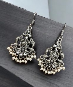 Brass peacock hanging earrings with stone accents, featuring intricate detailing and a vibrant, elegant design
