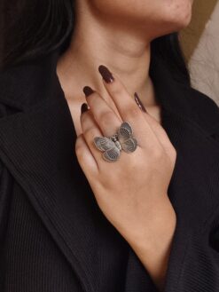 Oxidised Silver Look Butterfly Ring with adjustable band, perfect for casual wear.