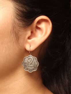 2 Paisa Coin Earrings | Silver Replica Oxidized Jewelry | Coins Hook Earring