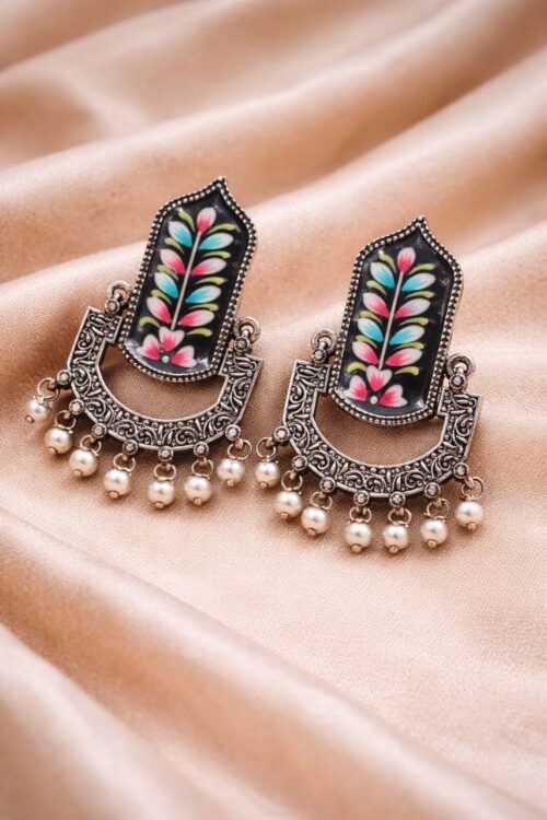 Hand-Painted Dangler Earrings – Stunning Silver Replica Style - D9creation
