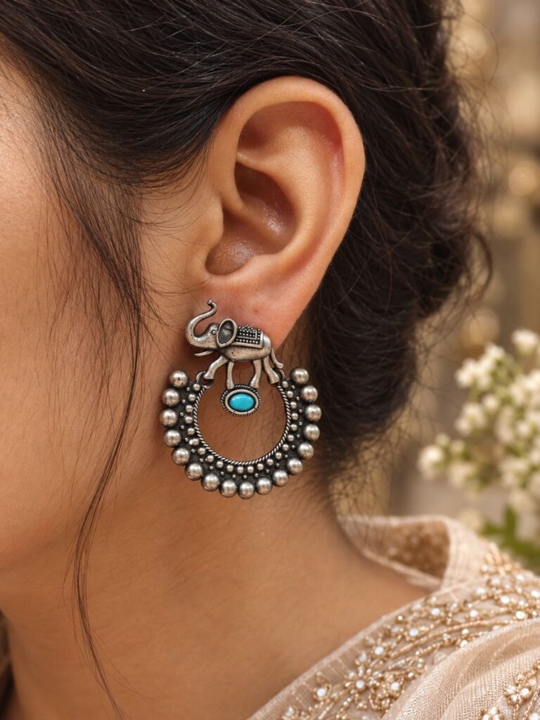 Silver Replica Elephant Earrings | Best Partywear Dangler Stud