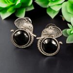 Adorable Silver Replica Elephant Design Earrings - Monalisa Stone Stud Casual Earring - "Black"
