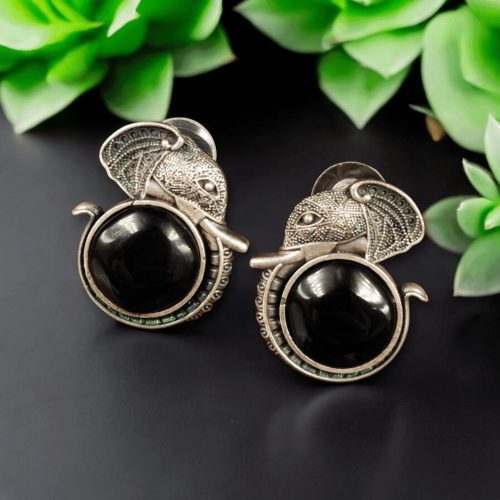 Adorable silver replica elephant design earrings with Monalisa stone studs, perfect for casual wear
