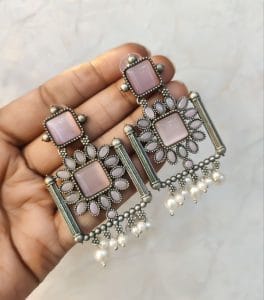 Silver Replica Square Monalisa Stone Stud Dangler Earrings - Color: "Babypink"