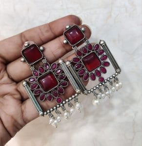 Silver Replica Square Monalisa Stone Stud Dangler Earrings - Color: "Red"