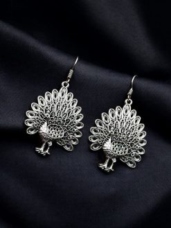 Elegant German silver peacock hook earrings with intricate detailing, perfect for casual and festive occasions