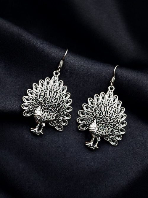 Elegant German silver peacock hook earrings with intricate detailing, perfect for casual and festive occasions