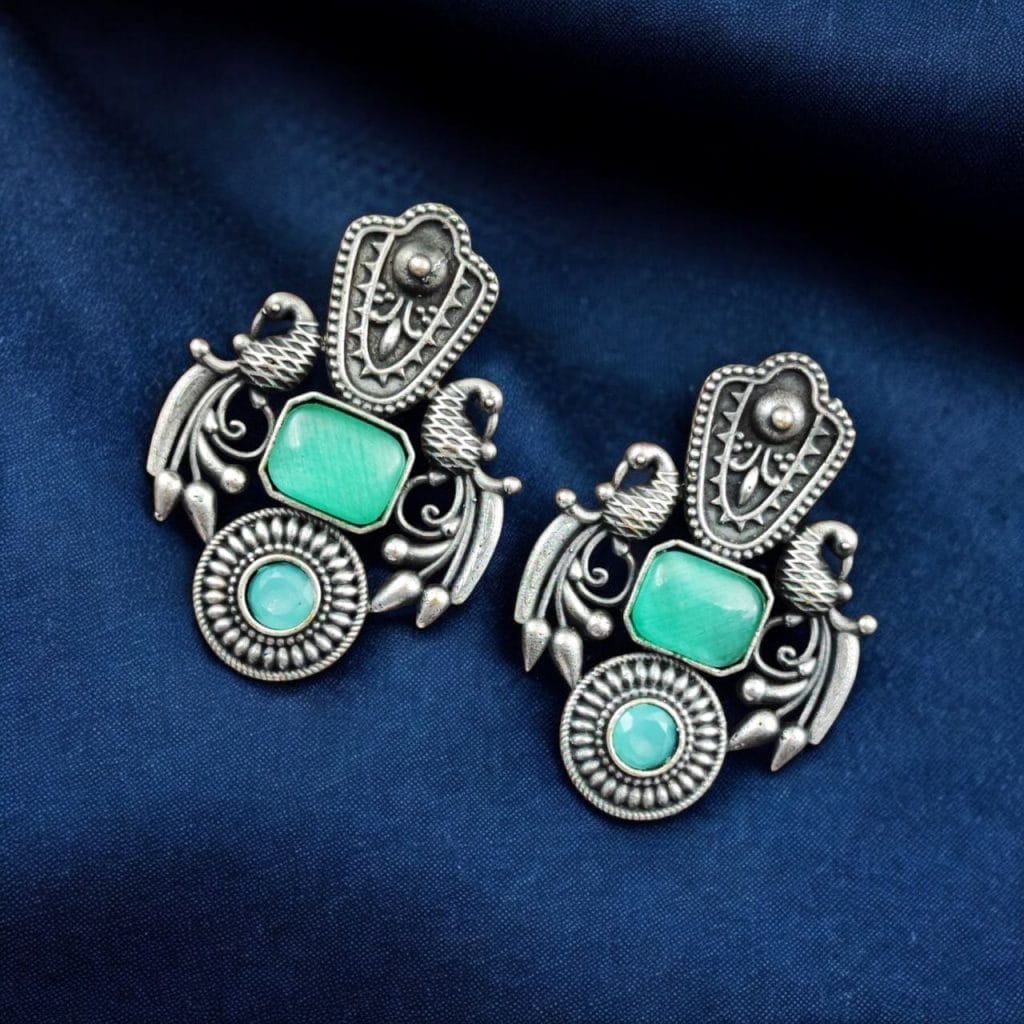 Bulk 710 Silver Replica Monalisa Stone Earrings – Beautiful Brass Peacock Stud Design - "Mint"