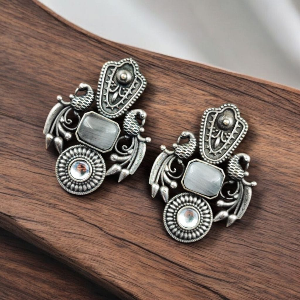 Bulk 718 Silver Replica Monalisa Stone Earrings – Beautiful Brass Peacock Stud Design - "Grey"