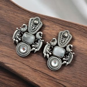 Silver Replica Monalisa Stone Earrings – Beautiful Brass Peacock Stud Design - color: "Grey"